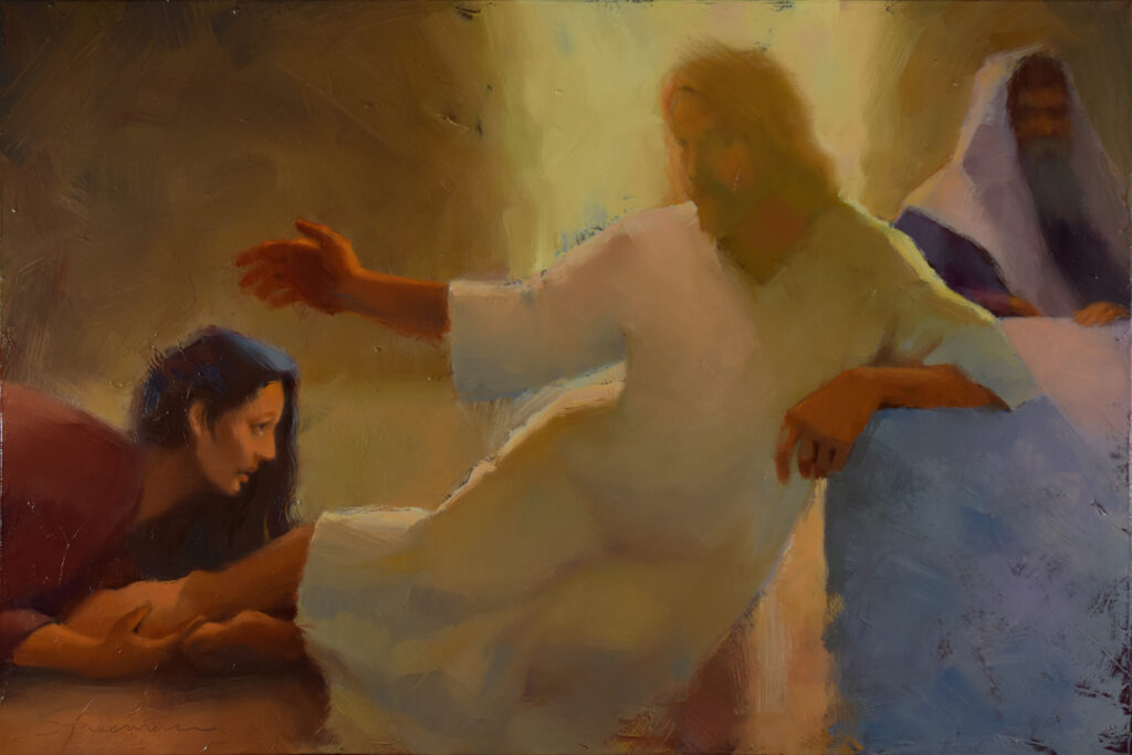 Oil painting of Jesus, and woman washing His feet with her tears
